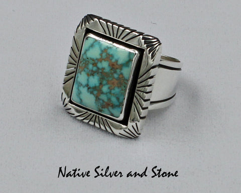 Tim Bedah (Deceased) - Navajo Jewelry<br>Handmade Ring<br>Turquoise - Large Rectangle<br>Heavy Silver Saw Cut Perimeter<br>Size 10-1/2