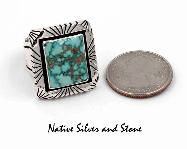 Tim Bedah (Deceased) - Navajo Jewelry<br>Handmade Ring<br>Turquoise - Large Rectangle<br>Heavy Silver Saw Cut Perimeter<br>Size 10-1/2