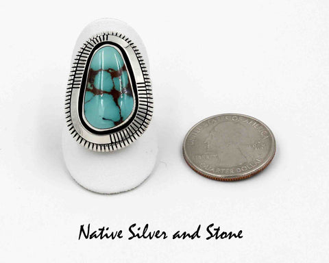 Z Tim Bedah (Deceased) - Navajo<br>1-1/4" Ring<br>Turquoise - Freeform Triangle<br>Heavy Saw Cut Perimeter<br>Sterling Silver<br>Size 10-3/4