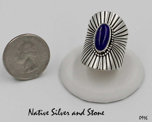 Navajo Jewelry<br>Handmade Ring<br>Sterling Silver "Shield"/"Sunburst"<br>Lapis Oval Cabachon<br>Size 7-1/2