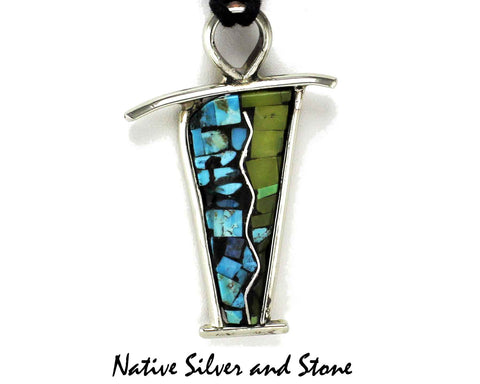 Z Timothy Bailon<br>Ke-Wa Santo Domingo Jewelry<br>Medium Pendant<br>Wave Triangle<br>Turquoise & Serpentine<br>Mosaic Multi-Inlay with Cord