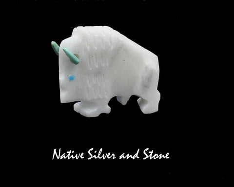 Z Bison/White Buffalo<br> Zuni Fetish Carving<br>Todd Etsate<br>Marble<br>with Turquoise Horns and Eyes