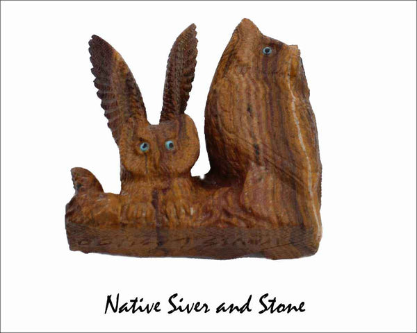 Z Owl Pair<br>Zuni Fetish Carving<br>Travis Lasiloo<br>Picasso Marble<br>Turquoise & Jet Accents