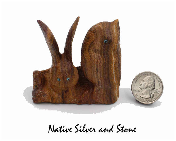 Z Owl Pair<br>Zuni Fetish Carving<br>Travis Lasiloo<br>Picasso Marble<br>Turquoise & Jet Accents