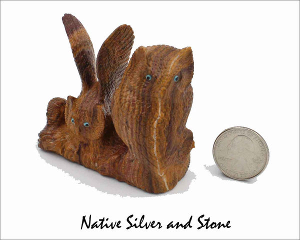 Z Owl Pair<br>Zuni Fetish Carving<br>Travis Lasiloo<br>Picasso Marble<br>Turquoise & Jet Accents