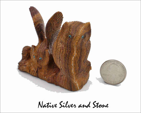 Z Owl Pair<br>Zuni Fetish Carving<br>Travis Lasiloo<br>Picasso Marble<br>Turquoise & Jet Accents
