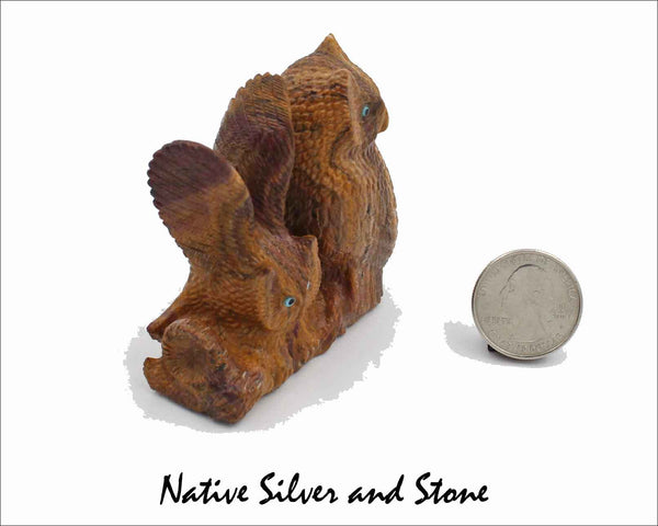 Z Owl Pair<br>Zuni Fetish Carving<br>Travis Lasiloo<br>Picasso Marble<br>Turquoise & Jet Accents