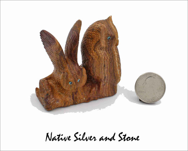 Z Owl Pair<br>Zuni Fetish Carving<br>Travis Lasiloo<br>Picasso Marble<br>Turquoise & Jet Accents
