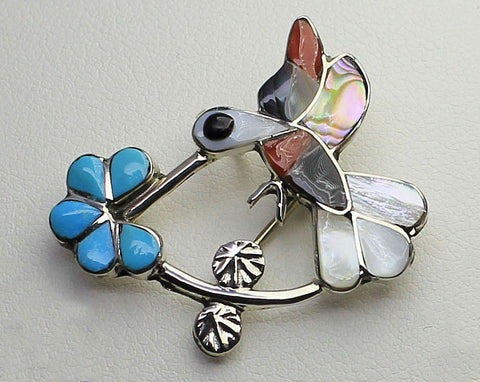 Deanne Edaakie-Zuni<br>Pendant/Pin<br>Hummingbird Multi-Inla<br>Medium Small <br>White Mother of Pearl, Turquoise, Abalone, Coral, Jet<br>Sterling Silver