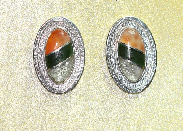 Bennard & Frances Dallasvuyaoma Hopi/Pima<br>1-1/16" Earrings - Vertical Ovals<br>Opals & Sunstone Multi-Inlay<br>3 Angled Segments<br>Post<br>Sterling Silver