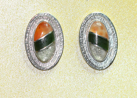 Bennard & Frances Dallasvuyaoma Hopi/Pima<br>1-1/16" Earrings - Vertical Ovals<br>Opals & Sunstone Multi-Inlay<br>3 Angled Segments<br>Post<br>Sterling Silver