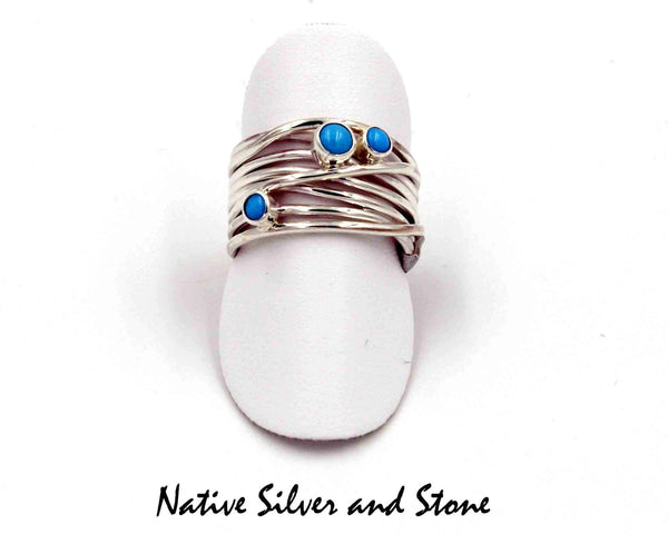 Z Miscellaneous Artist "V"<br>Navajo Jewelry - Ring<br>Branch Sterling Silver Wires<br>Turquoise Dots<br>Size 7-1/2