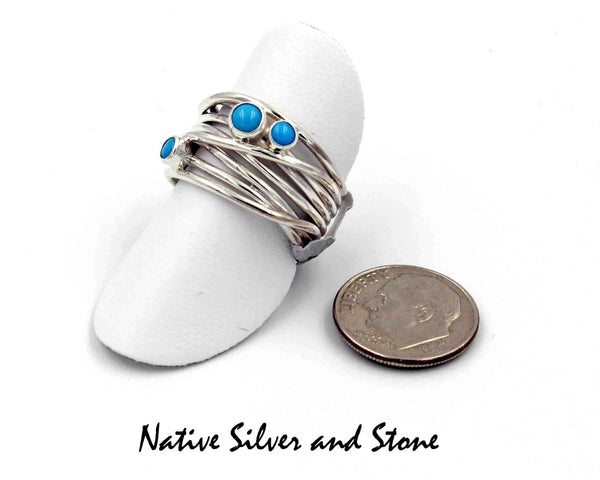 Z Miscellaneous Artist "V"<br>Navajo Jewelry - Ring<br>Branch Sterling Silver Wires<br>Turquoise Dots<br>Size 7-1/2