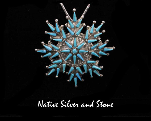 Z Vera Halusewa - Zuni<br>2-3/16" Pendant - Snowflake, Large<br>Kingman Turquoise Needlepoint<br>Sterling Silver