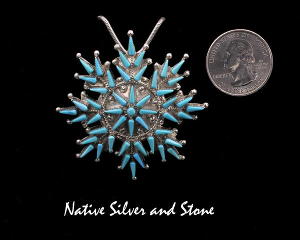 Z Vera Halusewa - Zuni<br>2-3/16" Pendant - Snowflake, Large<br>Kingman Turquoise Needlepoint<br>Sterling Silver