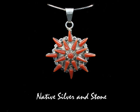 Z Vera Halusewa - Zuni<br>1-1/32" Pendant<br>Snowflake/Star - Small<br>Coral<br>Sterling Silver<br>W 18" Chain