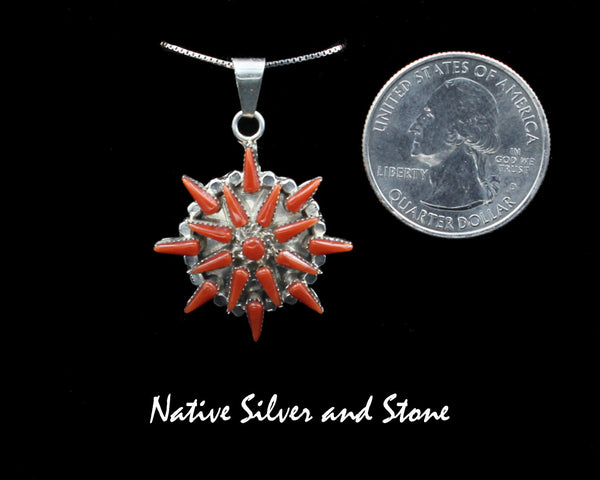 Z Vera Halusewa - Zuni<br>1-1/32" Pendant<br>Snowflake/Star - Small<br>Coral<br>Sterling Silver<br>W 18" Chain