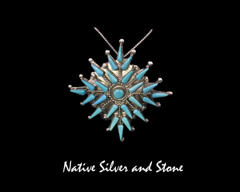 Z Vera Halusewa - Zuni<br>1-11/16" Pendant - Snowflake, Small<br>Kingman Turquoise Needlepoint<br>Sterling Silver