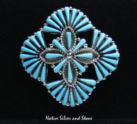 Z Vera Halusewa (Zuni)<br> Quad Flower Pendant/Pin<br>Needlepoint Turquoise - Sleeping Beauty