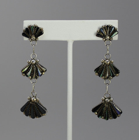 Z Vera Halusewa (Zuni)<br>Earrings - Dangle Post<br>Triple Fans Petitpoint<br>Black Shell
