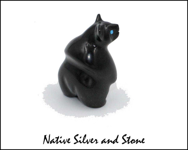 Z Bear-Standing<br>Zuni Fetish Carving<br>Vernon Lunasee & Prudencia Quam<br>Jet with Turquoise Eyes
