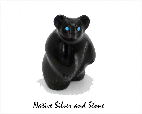 Z Bear-Standing<br>Zuni Fetish Carving<br>Vernon Lunasee & Prudencia Quam<br>Jet with Turquoise Eyes