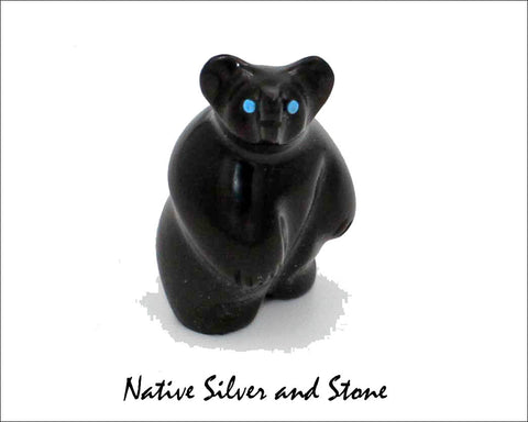 Z Bear-Standing<br>Zuni Fetish Carving<br>Vernon Lunasee & Prudencia Quam<br>Jet with Turquoise Eyes
