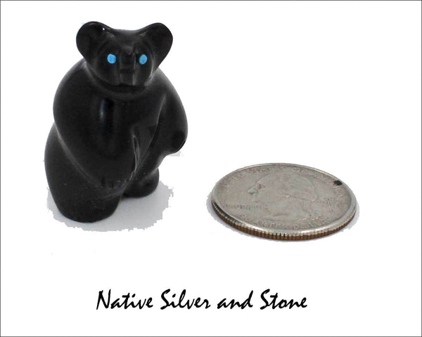 Z Bear-Standing<br>Zuni Fetish Carving<br>Vernon Lunasee & Prudencia Quam<br>Jet with Turquoise Eyes