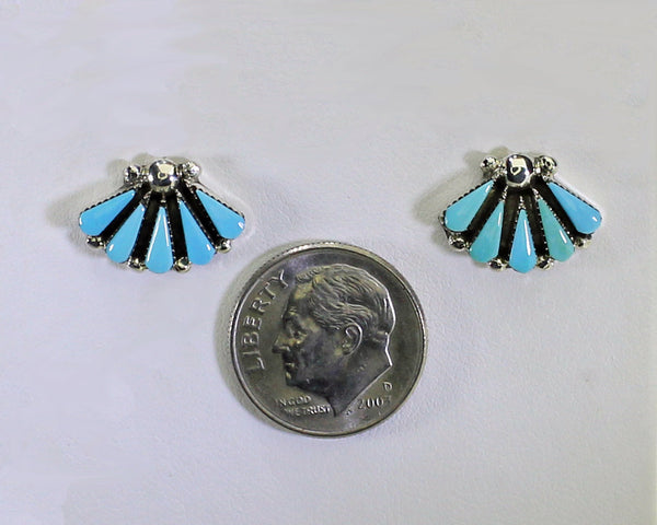 Z Vera Halusewa (Zuni)<br>Earrings - Post<br>Petit Point Fan of Sleeping Beauty Turquoise
