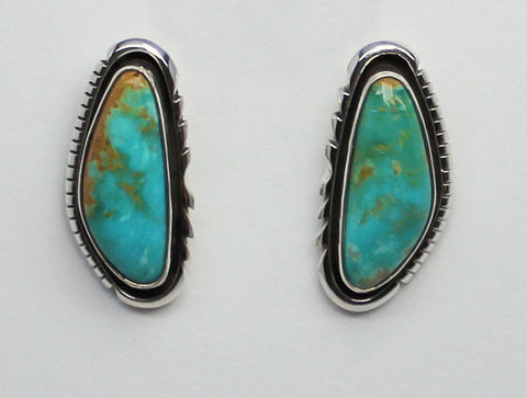 Running Bear Shop - Navajo<br>1-1/4" Earrings<br>23mm Turquoise Kings Manassa Freeform<br>Shadowbox & Sawcuts<br>Post<br>Sterling Silver