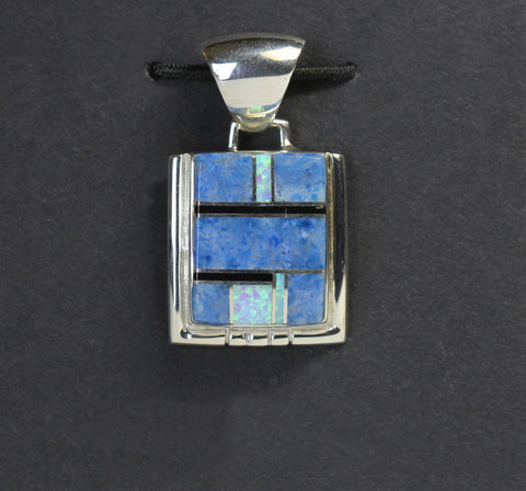 Pendant - Multi-Inlay with Chain<br>"Denim Opal"<br>Denim Lapis, Opal, Black-Rock<br>Vertical Rectangle - Lge<br>Sterling Silver Perimeter & Chain