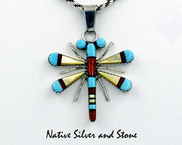 Z Pendant/Pin - Dragonfly<br>Medium-Large<br>Wayne & Josie Haloo (Zuni)<br>Multi-Inlay<br>Turquoise, Coral, Gold Lip Mother of Pearl, Jet