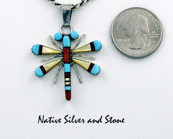 Z Pendant/Pin - Dragonfly<br>Medium-Large<br>Wayne & Josie Haloo (Zuni)<br>Multi-Inlay<br>Turquoise, Coral, Gold Lip Mother of Pearl, Jet