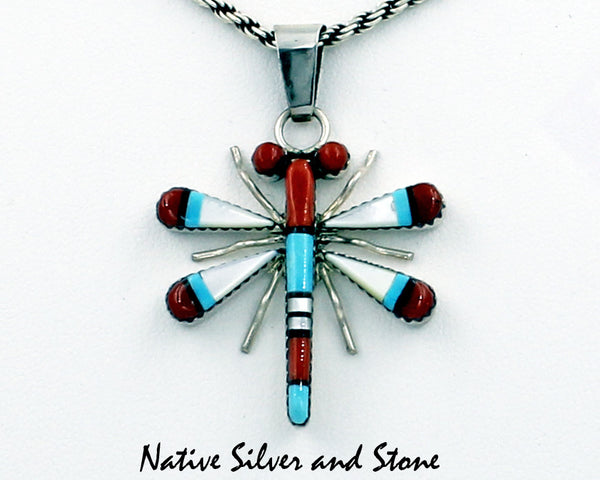 Z Wayne & Josie Haloo -Zuni<br>Pendant/Pin - Dragonfly<br>Medium-Large<br>Multi-Inlay<br>Coral, White Mother of Pearl, Turquoise, Jet