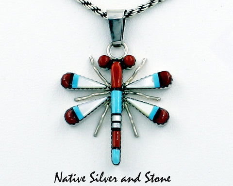 Z Wayne & Josie Haloo -Zuni<br>Pendant/Pin - Dragonfly<br>Medium-Large<br>Multi-Inlay<br>Coral, White Mother of Pearl, Turquoise, Jet