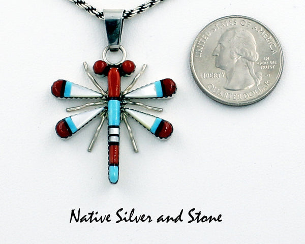 Z Wayne & Josie Haloo -Zuni<br>Pendant/Pin - Dragonfly<br>Medium-Large<br>Multi-Inlay<br>Coral, White Mother of Pearl, Turquoise, Jet