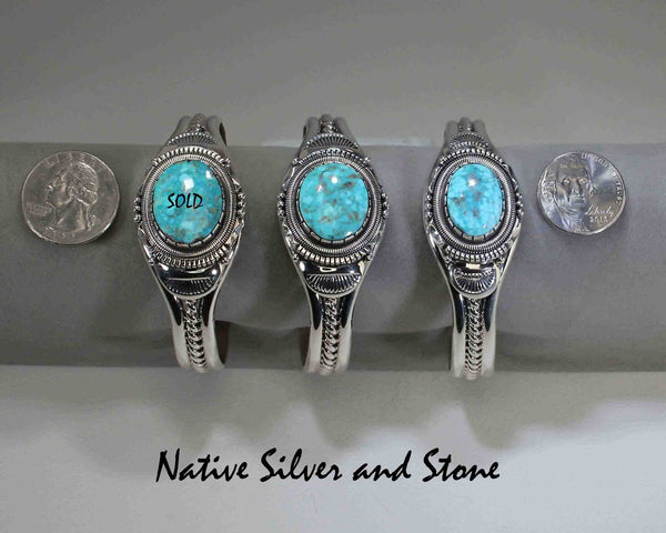 Z Wil Vandever - Navajo Jewelry<br>Bracelet - 15/16" Cuff Silver w<br>Birdseye Kingman Turquoise Oval Cabochon<Br>Size 6-9/16" (Medium)