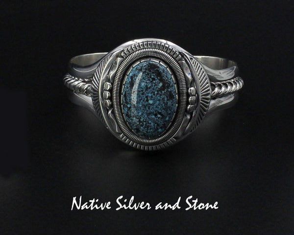 Wil Vandever - Navajo (Deceased)<br>April 11, 1951 - October 29, 2018<br>9/16" Bracelet-Cuff<br>27mm Chinese Turquoise Spiderweb Oval<Br>Size 6-1/4" (Medium-Small)