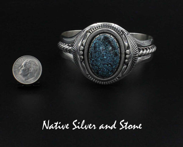 Wil Vandever - Navajo (Deceased)<br>April 11, 1951 - October 29, 2018<br>9/16" Bracelet-Cuff<br>27mm Chinese Turquoise Spiderweb Oval<Br>Size 6-1/4" (Medium-Small)