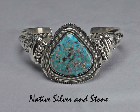 Z Wil Vandever - Navajo Jewelry<br>Angle Bracelet<br>1-1/2" Cuff Silver with<br>Red Skin (Chinese) Turquoise<br>Triangle Cabochon<Br>Size 6-3/8" (Small-Medium)