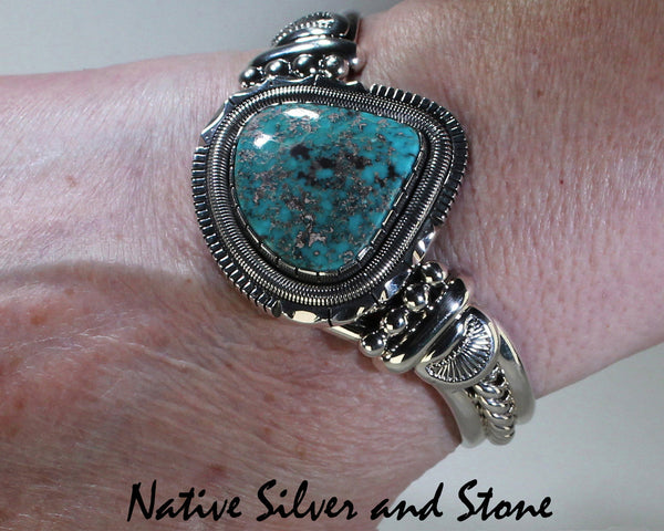 Z Wil Vandever - Navajo Jewelry<br>Angle Bracelet<br>1-1/2" Cuff Silver with<br>Red Skin (Chinese) Turquoise<br>Triangle Cabochon<Br>Size 6-3/8" (Small-Medium)