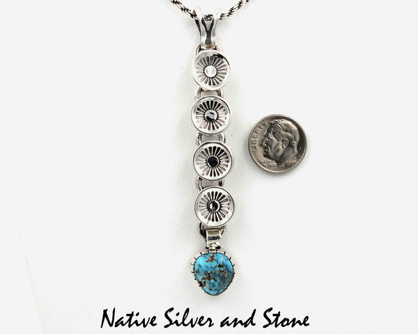 Z Wil Vandever - Navajo<br>9/16" Pendant<br>Turquoise Triangle - Vertical<br>Curved Stamped Disks<br>Sterling Silver