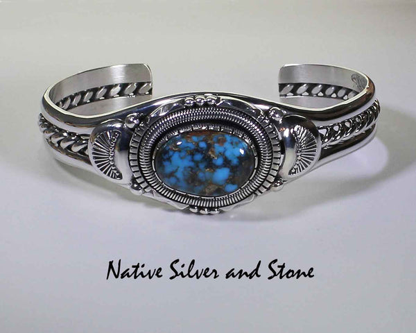 Handmade Cuff Bracelet with Oval DarkTurquoise by Navajo Wil Vandever