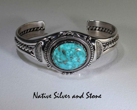 Z Wil Vandever - Navajo Jewelry<br>Bracelet - 1-1/16" Cuff Silver w<br>Birdseye Kingman Turquoise Oval Cabochon<Br>Size 6-9/16" (Medium)