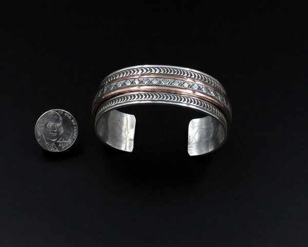 Wylie Secatero - Navajo<br>BCCS<br> 7/8" Bracelet Cuffs - 3 in 1 <br>Handmade Silver and Copper<br>Overlay with Stamping<br>Size 6-3/8" (base silver cuff)