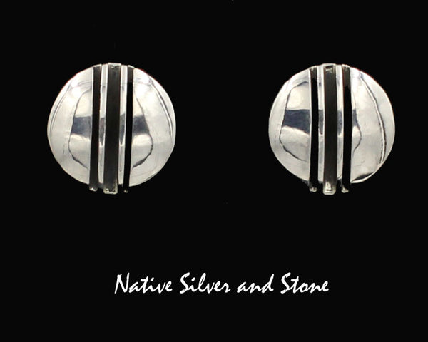 Karlex Yazzie - Navajo<br>9/16" Earrings <br>Rounds with Center Linear Rails<br>Post<br>Sterling Silver