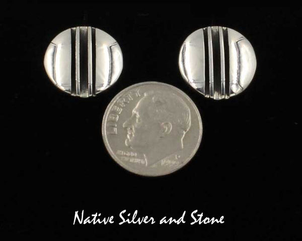 Karlex Yazzie - Navajo<br>9/16" Earrings <br>Rounds with Center Linear Rails<br>Post<br>Sterling Silver