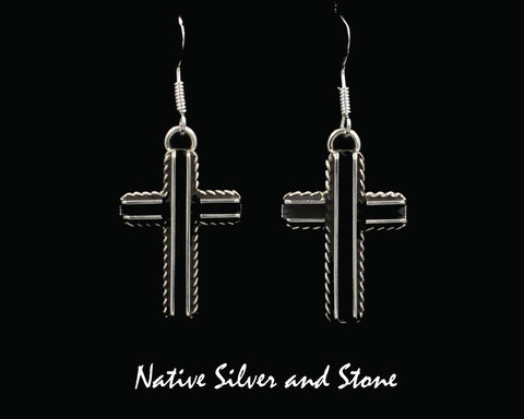 Karlex Yazzie - Navajo<br>1" Cross Earrings<br>Twistwire Rails<br>Hook<br>Sterling Silver