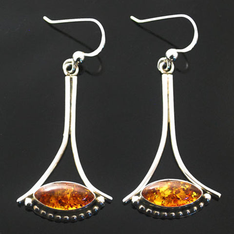Rosella Sandoval - Apache<br>Earrings - French Wire<br>Amber<br>Horizontal Oval "Eye"<br>Sterling SIlver