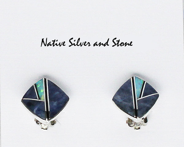 Z-Cathy Webster - Navajo Jewelry<br>Earrings - Clip Multi-Inlay<br>Sodalite, Onyx,Opal<br>Rounded Squares